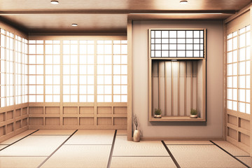 shelf wall on  Living room japanese deisgn with tatami mat floor. 3D rendering