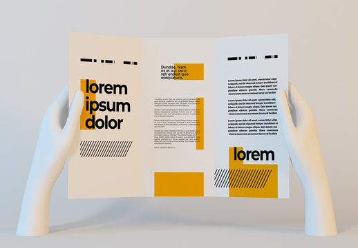 3D White Hands Holding Trifold Isolated on Clean Background Mockup