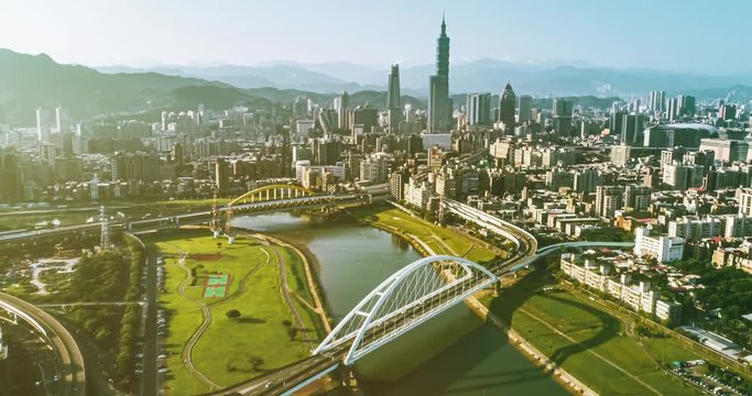 Aerial hyperlapse of Taipei city at dawn, Taiwan