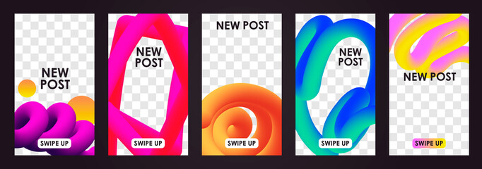 Set of editable templates for instagram stories. 3D abstract shapes of neon colors. Colorful banners. EPS 10 vector.  Modern commercial