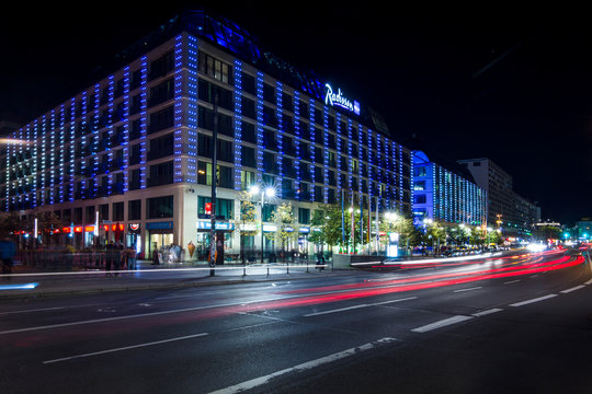 BERLIN - OCTOBER 08, 2017: The popular five-star Radisson Blu hotel in the original evening illumination.