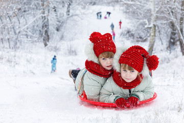 Twin sisters ride on a snowy hill .