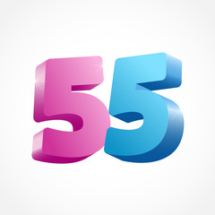 55 th anniversary numbers. 55 years old coloured logotype. Age congrats, congratulation idea. Isolated abstract graphic design template. Creative set of 3D digits. Up to 55%, 5% percent off discount.