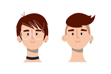 brown haired girls and boys avatars head icons  in flat style