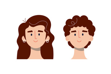 brown haired girls and boys avatars head icons  in flat style