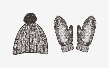 Hand drawn mittens and hat, vector winter clothes illustration