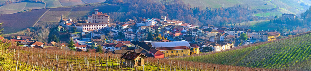 Naklejka na ściany i meble Winter view of the village of Barolo, the most famous town of the Langhe region, Piedmont, Italy, for the production of several fine wines