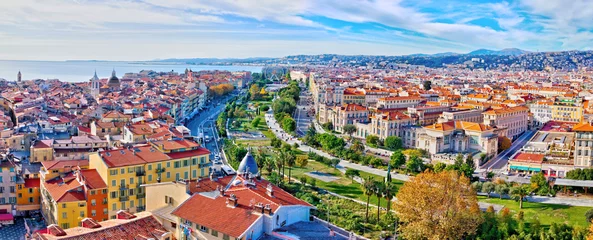 Wall murals Nice Nice, France - December 1, 2019: Colorful aerial panoramic view over the old town, with the famous Massena square and the Promenade du Paillon, from the roof of Saint Francis tower