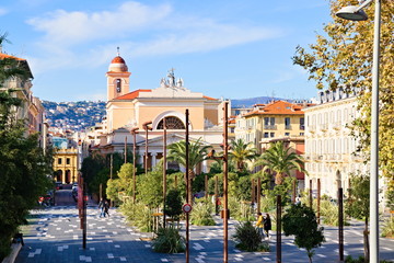 Nice, France - December 1, 2019: The "Parc de la coulé verte" is a park inside the "Promenade du Paillon" pedestrian avenue on the edge of the old town, near the National Theater of Nice