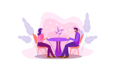 A guy and a girl are sitting at a table in a cafe drinking coffee. Woman and man in a restaurant, first date, dating, love. Flat modern illustration. Vector