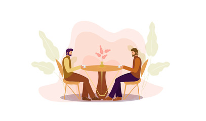 Guys are sitting at a table in a cafe drinking coffee. Restaurant men, businessmen, business negotiations. Flat modern illustration. Vector