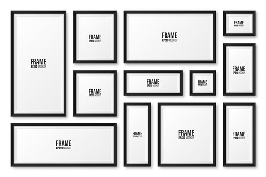 Realistic blank black picture frame with shadow collection isolated on white background. Modern poster mockup. Empty photo frame for art gallery or interior. Vector illustration.