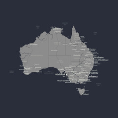 Vector map of Australia with states, cities, rivers and seas on separate layers. High detalization.