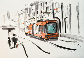 Hand drawn marker sketch of a tram on the street. - obrazy, fototapety, plakaty