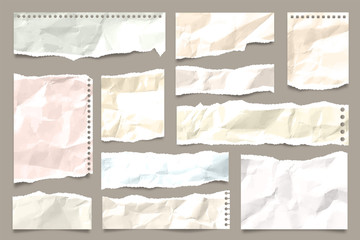 Ripped colored crumpled paper strips collection. Realistic paper scraps with torn edges. Sticky notes, shreds of notebook pages. Vector illustration.