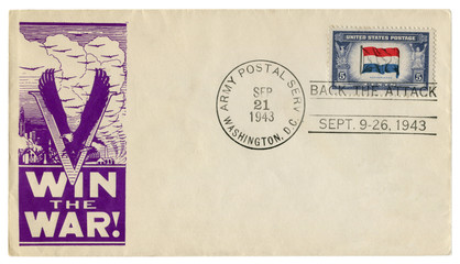 Washington, D.C., Army postal service, The USA - 21 September 1943: US historical envelope: cover with a patriotic cachet Win the war!, Back the attack cancel, letter stamp