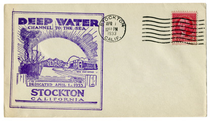 Stockton, California, The USA  - 1 April 1933: US historical envelope: cover with cachet Deep water channel to the sea,  George Washington stamp, two cents