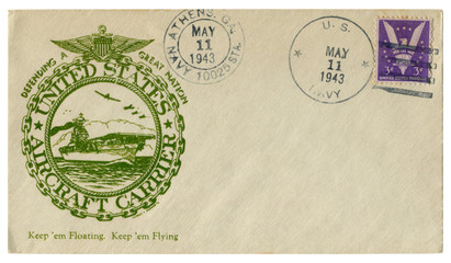 Athens, Georgia, The USA  - 11 May 1943: US historical envelope: cover with cachet Aircraft carrier. Defending a great nation. Keep 'em Floating keep 'em Flying