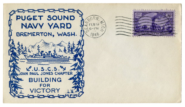 Dearborn, Michigan, The USA - 19 February 1945: US historical envelope: cover with a cachet Puget Sound navy yard, Bremerton, Washington. U.S.C.S. John Paul Jones Chapter, building for victory 