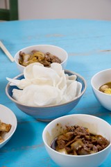 Close up view of breakfast on table