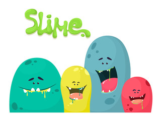 Fototapeta premium Cute cartoon slime monsters, liquid characters, graphic elements. Vector set on a white background with lettering Slime.