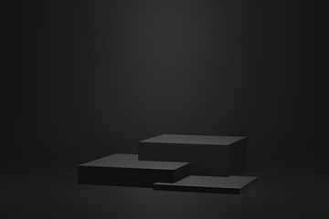 Mock up 3d rendered illustration with geometric shapes black cube podium top light platforms for cosmatic product presentation,minimal design with empty space. Abstract composition in modern style