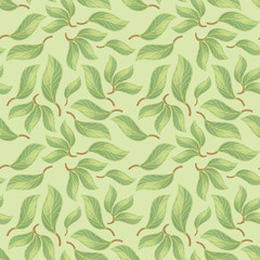 Seamless vector pattern with green forest leaves with veins on a light green shade background.