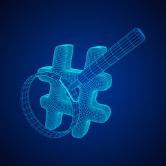 Hashtag with magnifying glass. Concept of social media, micro blogging PR and popularity. Wireframe low poly mesh vector illustration