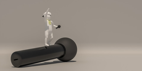 The white character holds a microphone and is about to sing, black singing microphone. 3d rendering