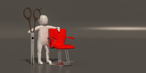 A scissors and red chair of the Beautician,  3d rendering