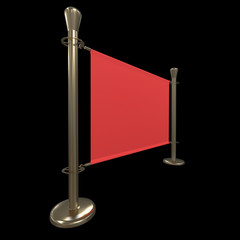 Obraz premium Red and Gold Banner Stand. Trade show booth. 3d render on black background. High Resolution Template for your design.