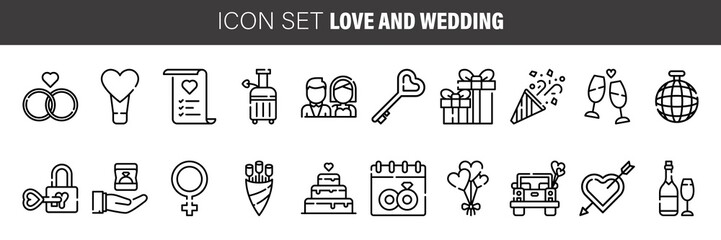 Set of love and wedding flat linear vector icons. Line art conceptual symbols of party for website, mobile or computer app