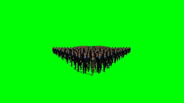 Businessmen with a businesswoman in front forming arrow shape pointing down, hd, against Green Screen