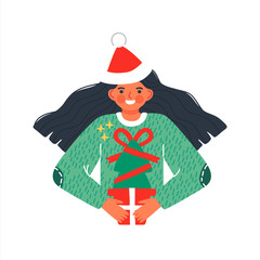 Girl with green christmas pine tree gift isolated