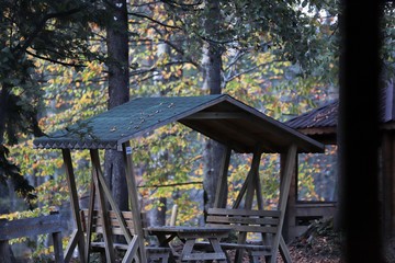 Naklejka premium Colorful autumn landscape in the mountain village. 