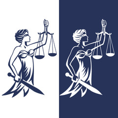 Lady justice, Themis with sword and scales. Fair trial Law. Femida. Blindfolded lady. Vector illustration.