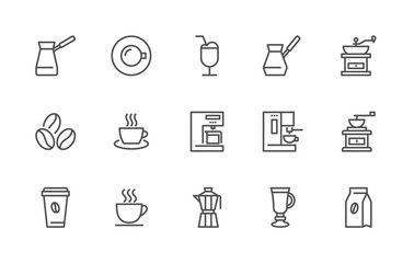 A simple set of Coffee related vector linear icons. Contains icons such as: Coffee beans, Cappuccino, Pot, Coffee machine, Turkish coffee, Сup on a saucer. 48x48 Pixel Perfect. Editable Stroke.