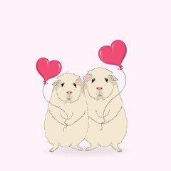 Vector illustration of a two cute Guinea pigs with a balloon, greeting on Valentine's Day