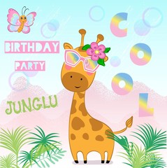 Fototapeta premium Cute giraffe in glasses and the butterfly.Children's print on clothes, greeting card, party invitation. Hand drawn vector illustration.