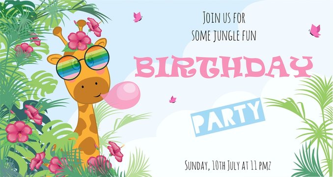 Cute giraffe in glasses and the butterfly.Children's print on clothes, greeting card, party invitation. Hand drawn vector illustration.