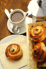 Coffee Cup and Bread Roll. Continental Breakfast.