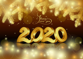 Obraz na płótnie Canvas 2020, the inscription-Happy New year and Christmas. Gold numbers with reflection on black background with fir branches, stars and snowflakes.