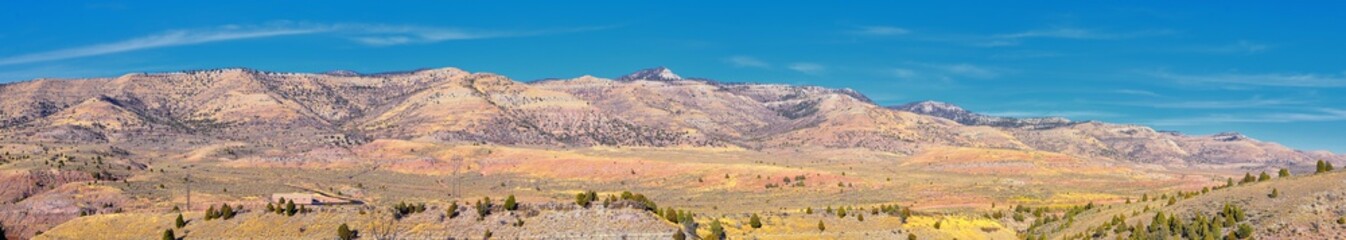 Panorama views of mountains, desert and landscape around Price Canyon Utah from Highway 6 and 191, by the Manti La Sal National Forest in the United States of America. USA.