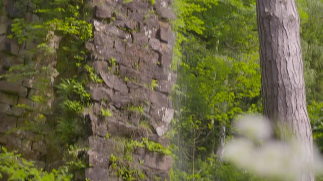 Upward panning shot of a minature man made waterfall running into bushland of a forest