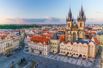 Top aerial view of Prague Old Town Square (Stare Mesto) historical city centre. Former market...