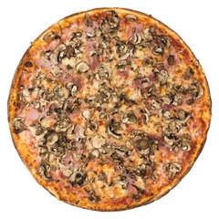Ham and mushroom Pizza isolated on white background