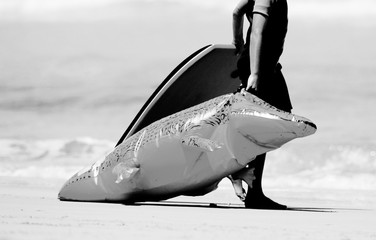 Kid with crocodile baloon toy and bodyboard on the beach