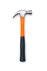 A claw hammer with black and orange handle, isolated over white background. Tools and hardware for everyday. Construction and repair. Selective focus.