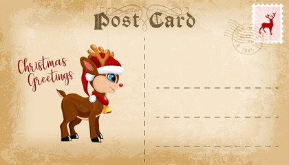 Illustration of Christmas post card with adorable reindeer and copy space for text.