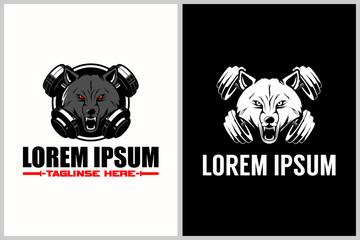 WOLF HEAD WITH CROSS BARBELL SPORT LOGO VECTOR